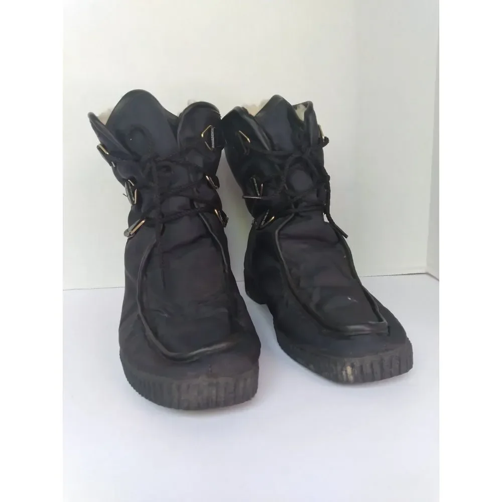 Winter Snow Boots Black Nylon Lace‎ Up Warm Ankle Boots